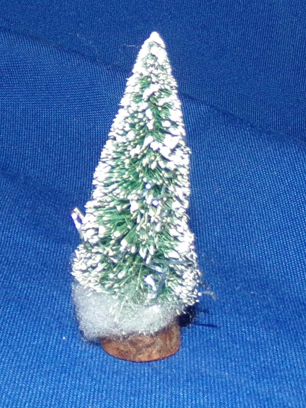Vintage Miniature Flocked Evergreen Tree w/ Floss Snow & Natural Wooden Base